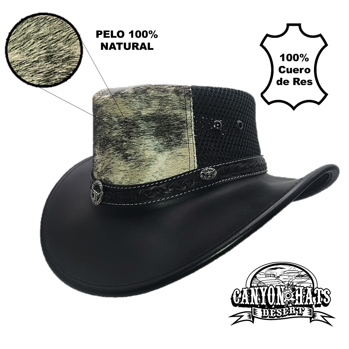 CEBU | Sombrero Vaquero De Piel, Pelo Vaca, Malla Transpirable