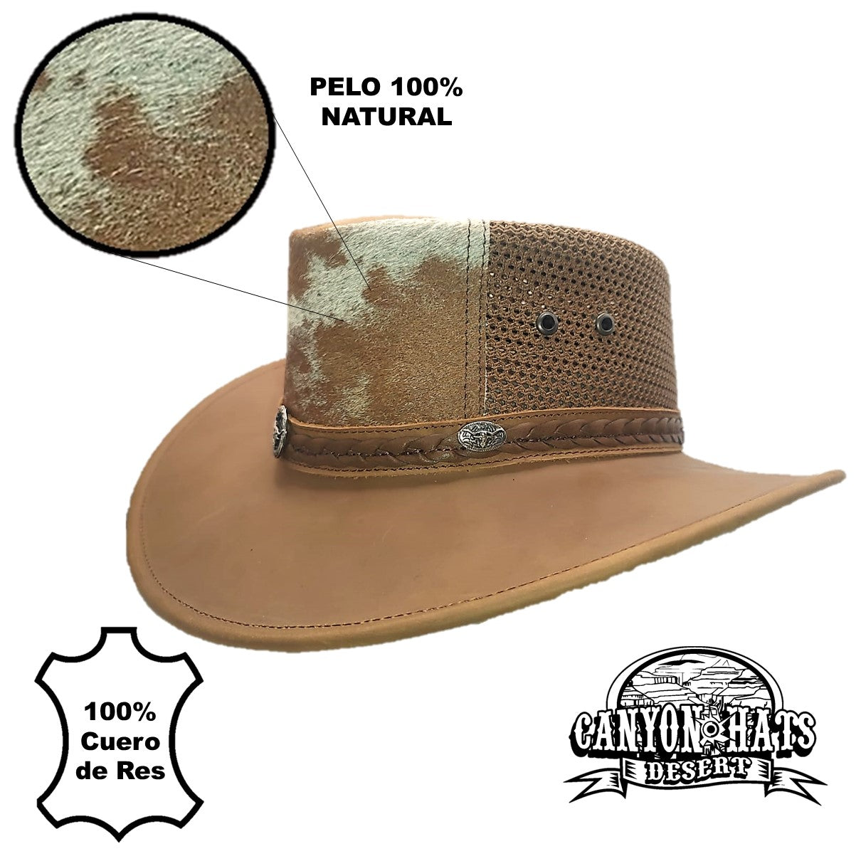 CEBU | Sombrero Vaquero De Piel, Pelo Vaca, Malla Transpirable
